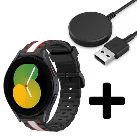 Strap-it Strap-it Bandje geschikt voor Samsung Galaxy Watch 5 (40mm / 44mm / Pro) bandje Special Edition Band (zwart/wit) - Incl. Oplader geschikt voor Samsung Galaxy Watch 5 40 mm / 44 mm / Pro (oplaadkabel)