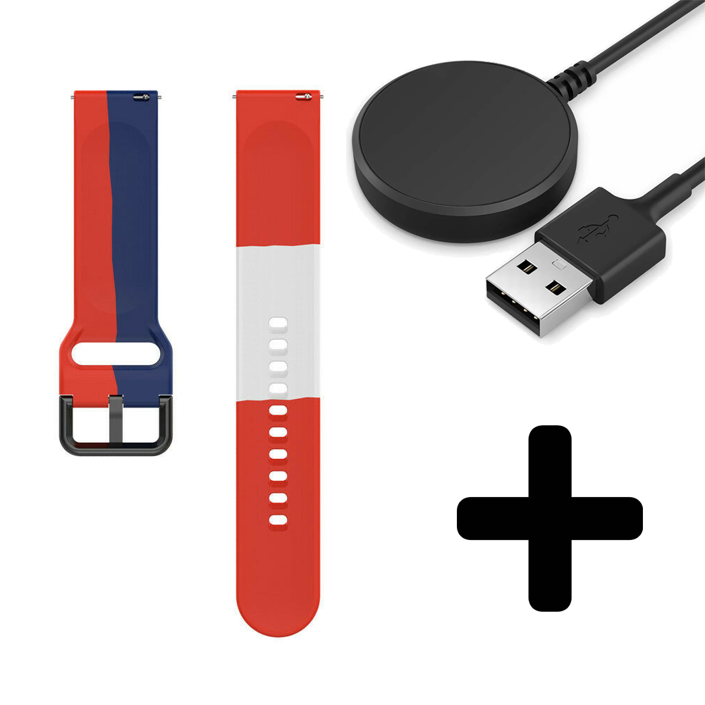 Strap-it Strap-it Bandje geschikt voor Samsung Galaxy Watch 5 (40mm / 44mm / Pro) bandje triple sport band (rood-wit-blauw)  - Incl. Oplader geschikt voor Samsung Galaxy Watch 5 40 mm / 44 mm / Pro (oplaadkabel)