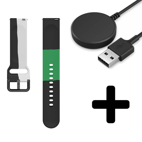 Strap-it Strap-it Bandje geschikt voor Samsung Galaxy Watch 5 (40mm / 44mm / Pro) bandje triple sport band (zwart-wit-groen)  - Incl. Oplader geschikt voor Samsung Galaxy Watch 5 40 mm / 44 mm / Pro (oplaadkabel)