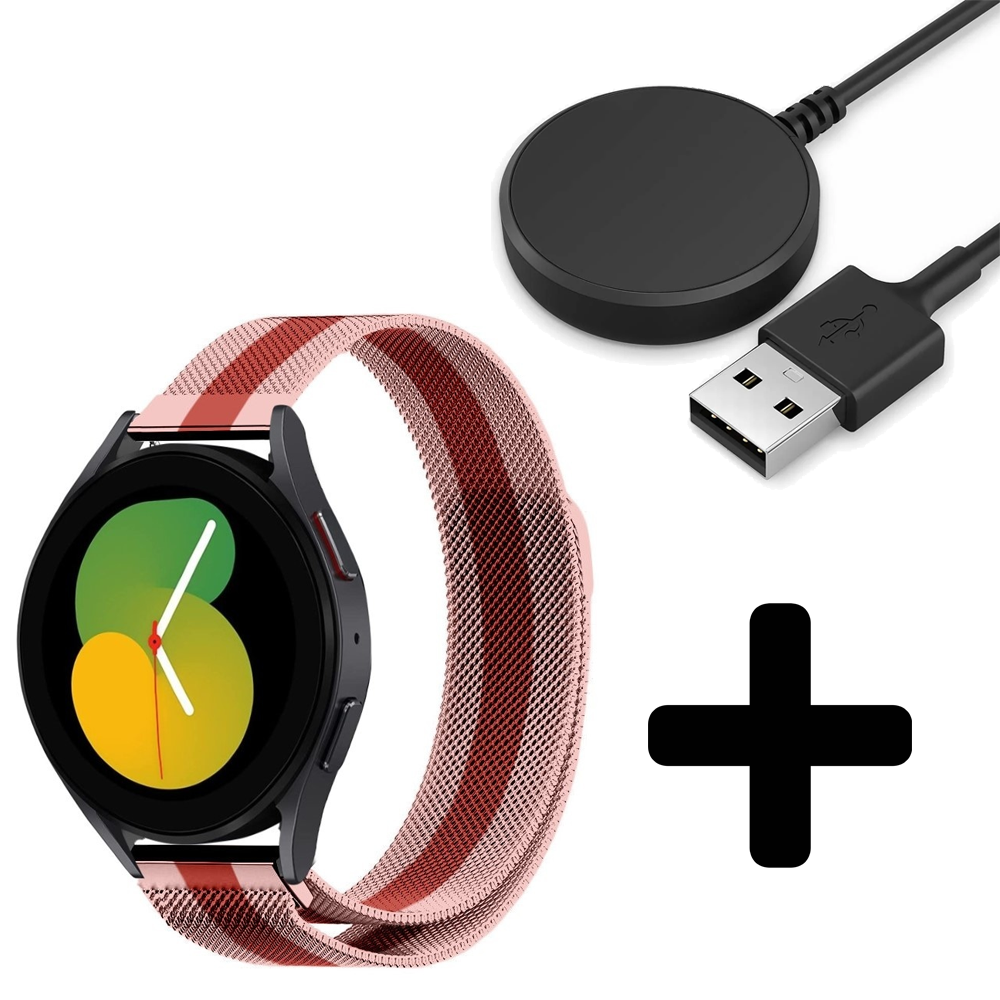 Strap-it Strap-it Bandje geschikt voor Samsung Galaxy Watch 5 (40mm / 44mm / Pro) bandje Milanese band roestvrij staal - RVS - Milanees - Metalen bandje vervanging - Metaal - (rood/roze) - Incl. Oplader geschikt voor Samsung Galaxy Watch 5 40 mm / 44 mm / Pro