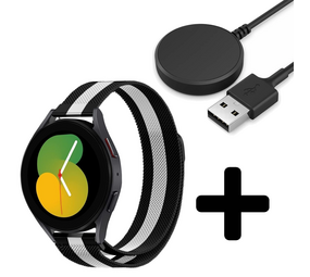 Strap-it GW5 - Milanese band (zwart/wit) + Oplader - Batch 2 (06-2023)