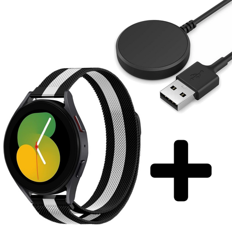 Strap-it Strap-it Bandje geschikt voor Samsung Galaxy Watch 5 (40mm / 44mm / Pro) bandje Milanese band roestvrij staal - RVS - Milanees - Metalen bandje vervanging - Metaal - (zwart/wit) - Incl. Oplader geschikt voor Samsung Galaxy Watch 5 40 mm / 44 mm / Pro