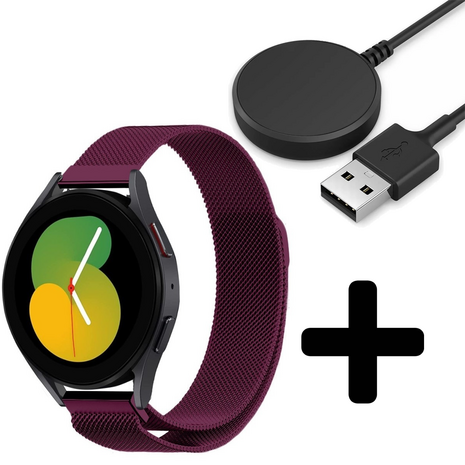 Strap-it Strap-it Bandje geschikt voor Samsung Galaxy Watch 5 (40mm / 44mm / Pro) bandje Milanese band roestvrij staal - RVS - Milanees - Metalen bandje vervanging - Metaal - (paars) - Incl. Oplader geschikt voor Samsung Galaxy Watch 5 40 mm / 44 mm / Pro