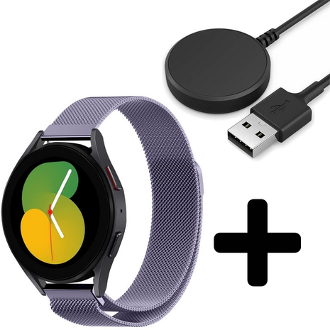 Strap-it Strap-it Bandje geschikt voor Samsung Galaxy Watch 5 (40mm / 44mm / Pro) bandje Milanese band roestvrij staal - RVS - Milanees - Metalen bandje vervanging - Metaal - Licht paars - Incl. Oplader geschikt voor Samsung Galaxy Watch 5 40 mm / 44 mm / Pro