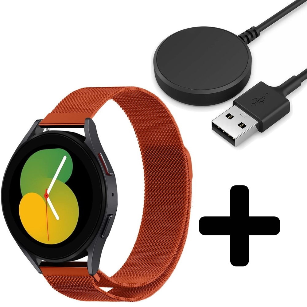 Strap-it Strap-it Bandje geschikt voor Samsung Galaxy Watch 5 (40mm / 44mm / Pro) bandje Milanese band roestvrij staal - RVS - Milanees - Metalen bandje vervanging - Metaal - (oranje) - Incl. Oplader geschikt voor Samsung Galaxy Watch 5 40 mm / 44 mm / Pro