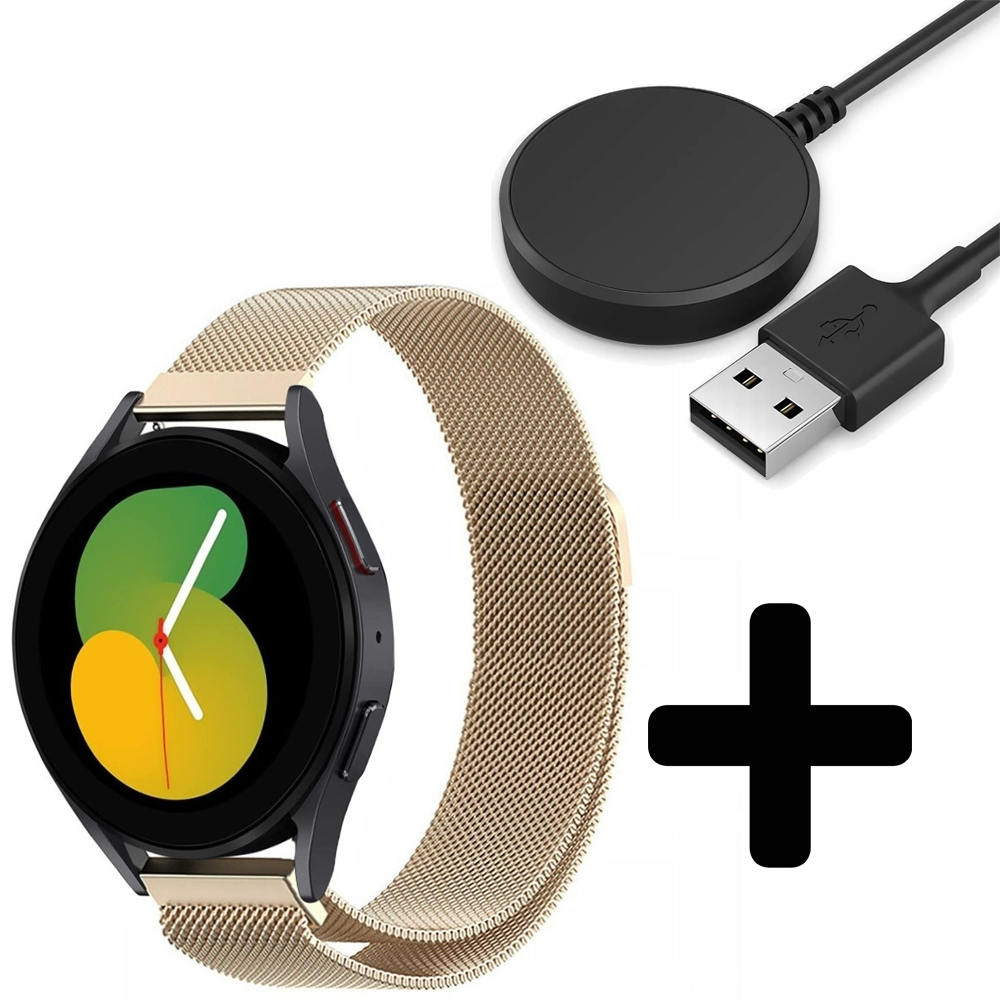 Strap-it Strap-it Bandje geschikt voor Samsung Galaxy Watch 5 (40mm / 44mm / Pro) bandje Milanese band roestvrij staal - RVS - Milanees - Metalen bandje vervanging - Metaal - (champagne) - Incl. Oplader geschikt voor Samsung Galaxy Watch 5 40 mm / 44 mm / Pro