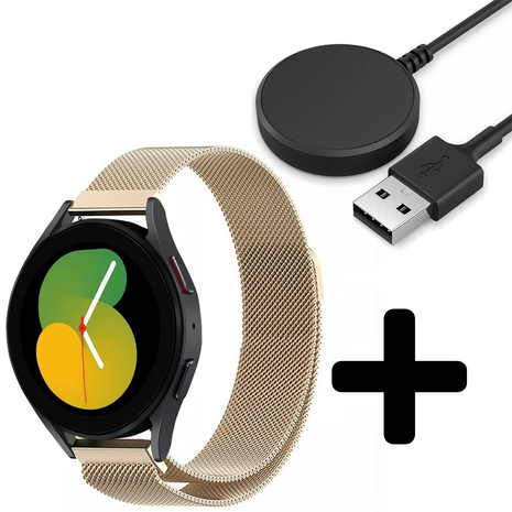 Strap-it Strap-it Bandje geschikt voor Samsung Galaxy Watch 5 (40mm / 44mm / Pro) bandje Milanese band roestvrij staal - RVS - Milanees - Metalen bandje vervanging - Metaal - (champagne) - Incl. Oplader geschikt voor Samsung Galaxy Watch 5 40 mm / 44 mm / Pro