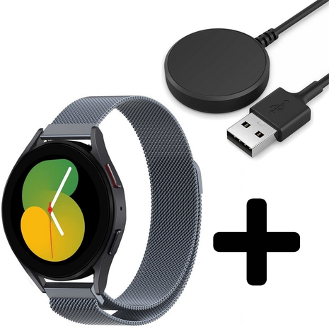 Strap-it Strap-it Bandje geschikt voor Samsung Galaxy Watch 5 (40mm / 44mm / Pro) bandje Milanese band roestvrij staal - RVS - Milanees - Metalen bandje vervanging - Metaal - (Grijs) - Incl. Oplader geschikt voor Samsung Galaxy Watch 5 40 mm / 44 mm / Pro