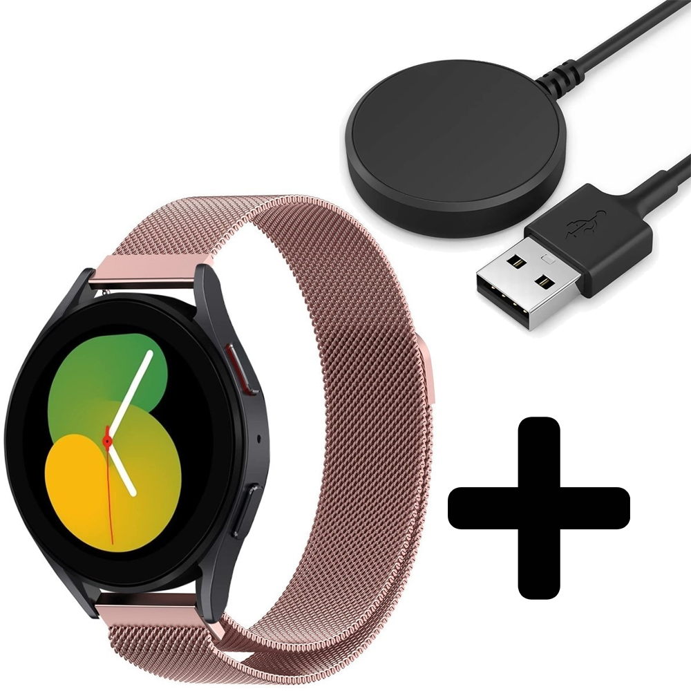 Strap-it Strap-it Bandje geschikt voor Samsung Galaxy Watch 5 (40mm / 44mm / Pro) bandje Milanese band roestvrij staal - RVS - Milanees - Metalen bandje vervanging - Metaal - (roze) - Incl. Oplader geschikt voor Samsung Galaxy Watch 5 40 mm / 44 mm / Pro