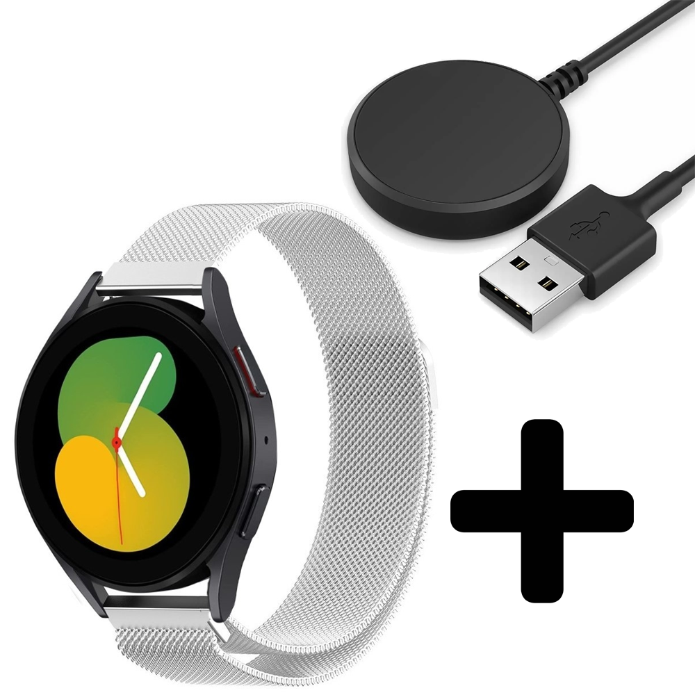 Strap-it Strap-it Bandje geschikt voor Samsung Galaxy Watch 5 (40mm / 44mm / Pro) bandje Milanese band roestvrij staal - RVS - Milanees - Metalen bandje vervanging - Metaal - (zilver) - Incl. Oplader geschikt voor Samsung Galaxy Watch 5 40 mm / 44 mm / Pro