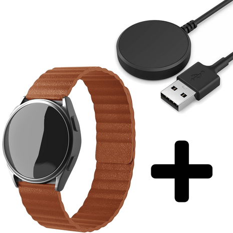 Strap-it Strap-it Bandje geschikt voor Samsung Galaxy Watch 5 (40mm / 44mm / Pro) bandje leren loop bandje (bruin) - Incl. Oplader geschikt voor Samsung Galaxy Watch 5 40 mm / 44 mm / Pro (oplaadkabel)