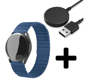 Strap-it GW5 - leren loop bandje (donkerblauw) + Oplader - Batch 2 (06-2023)