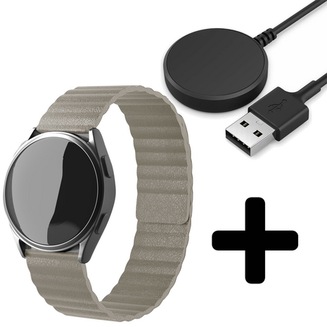 Strap-it Strap-it Bandje geschikt voor Samsung Galaxy Watch 5 (40mm / 44mm / Pro) bandje leren loop bandje (khaki) - Incl. Oplader geschikt voor Samsung Galaxy Watch 5 40 mm / 44 mm / Pro (oplaadkabel)
