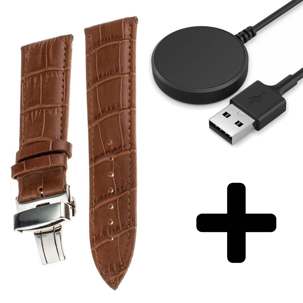 Strap-it Strap-it Bandje geschikt voor Samsung Galaxy Watch 5 (40mm / 44mm / Pro) bandje luxe leren bandje (bruin) - Incl. Oplader geschikt voor Samsung Galaxy Watch 5 40 mm / 44 mm / Pro (oplaadkabel)