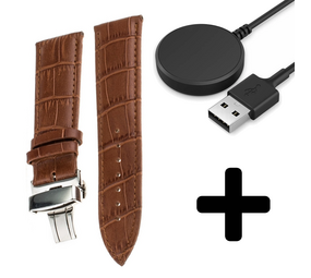 Strap-it GW5 - luxe leren bandje (bruin) + Oplader - Batch 2 (06-2023)