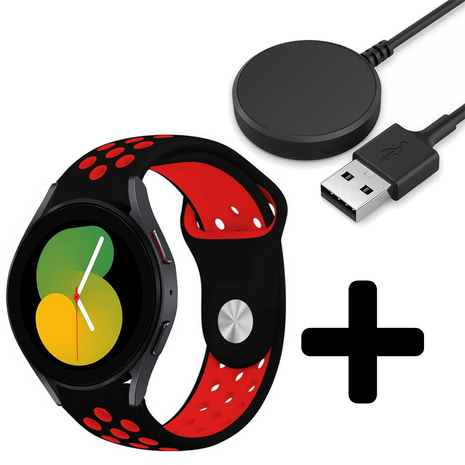 Strap-it Strap-it Bandje geschikt voor Samsung Galaxy Watch 5 (40mm / 44mm / Pro) bandje sport band (zwart/rood) - Incl. Oplader geschikt voor Samsung Galaxy Watch 5 40 mm / 44 mm / Pro (oplaadkabel)