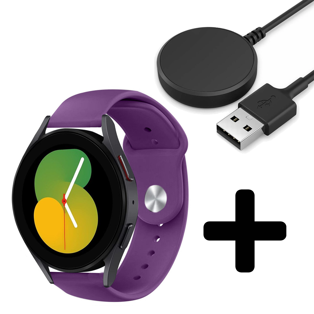 Strap-it Strap-it Bandje geschikt voor Samsung Galaxy Watch 5 (40mm / 44mm / Pro) bandje sport band (paars) - Incl. Oplader geschikt voor Samsung Galaxy Watch 5 40 mm / 44 mm / Pro (oplaadkabel)