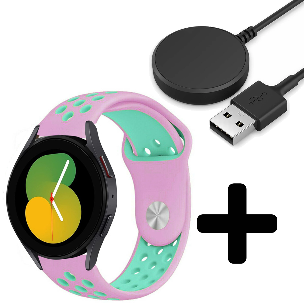 Strap-it Strap-it Bandje geschikt voor Samsung Galaxy Watch 5 (40mm / 44mm / Pro) bandje sport band (roze/aqua) - Incl. Oplader geschikt voor Samsung Galaxy Watch 5 40 mm / 44 mm / Pro (oplaadkabel)