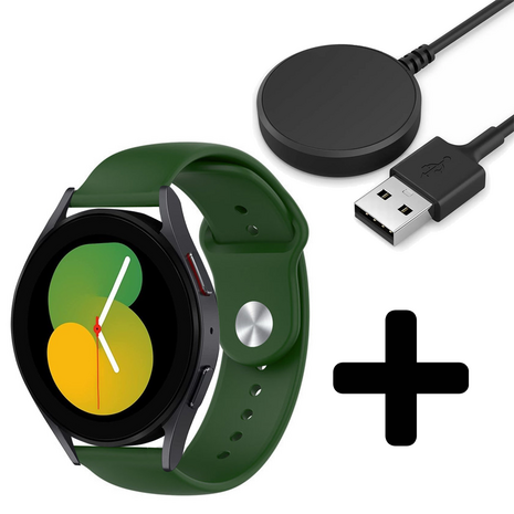 Strap-it Strap-it Bandje geschikt voor Samsung Galaxy Watch 5 (40mm / 44mm / Pro) bandje sport band (legergroen) - Incl. Oplader geschikt voor Samsung Galaxy Watch 5 40 mm / 44 mm / Pro (oplaadkabel)