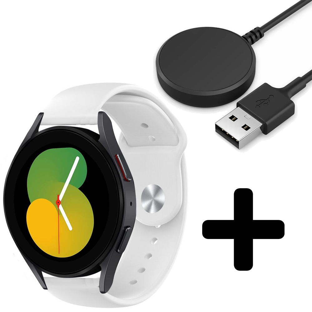 Strap-it Strap-it Bandje geschikt voor Samsung Galaxy Watch 5 (40mm / 44mm / Pro) bandje sport band (wit) - Incl. Oplader geschikt voor Samsung Galaxy Watch 5 40 mm / 44 mm / Pro (oplaadkabel)