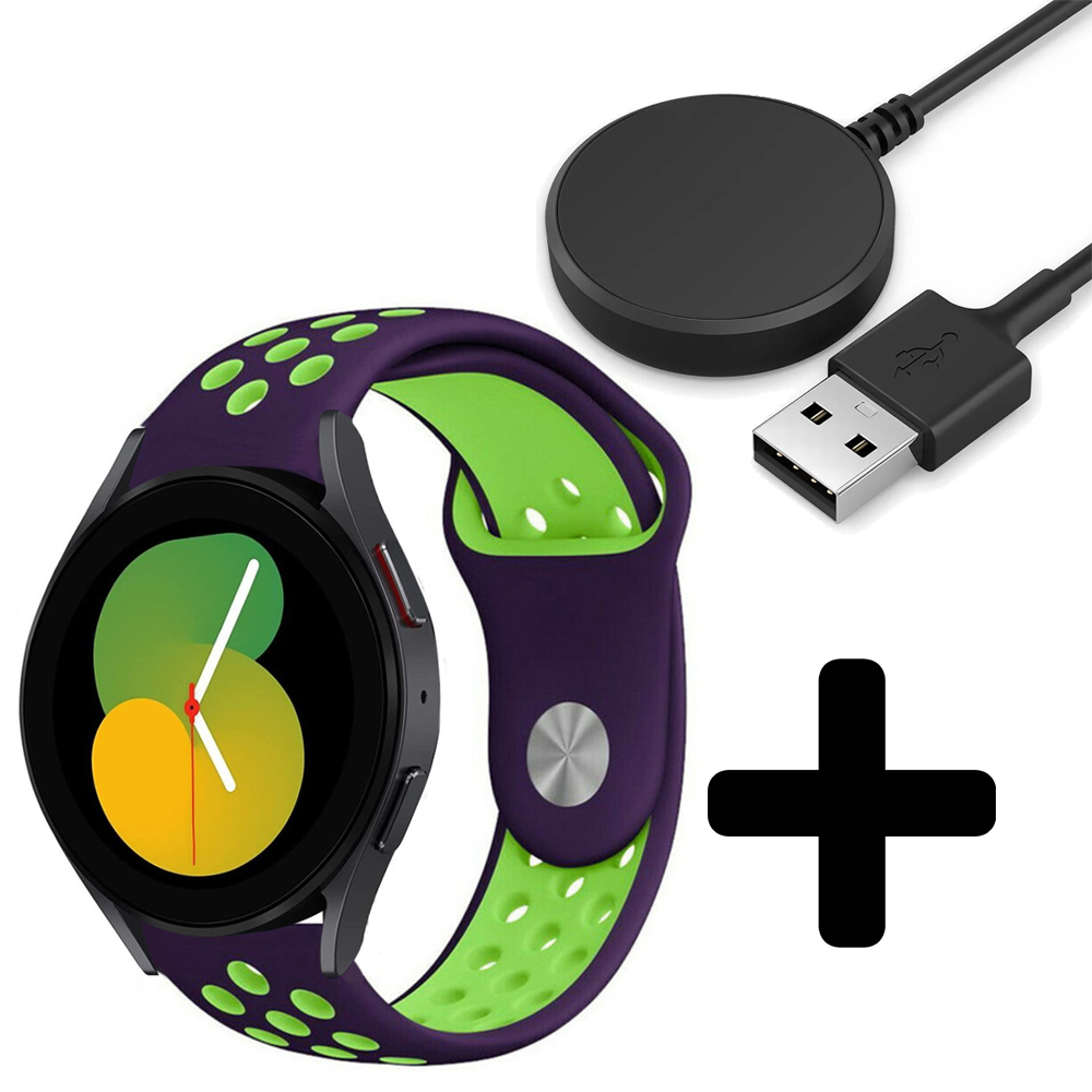 Strap-it Strap-it Bandje geschikt voor Samsung Galaxy Watch 5 (40mm / 44mm / Pro) bandje sport band (paars/groen) - Incl. Oplader geschikt voor Samsung Galaxy Watch 5 40 mm / 44 mm / Pro (oplaadkabel)