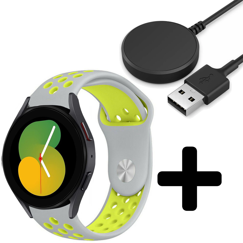 Strap-it Strap-it Bandje geschikt voor Samsung Galaxy Watch 5 (40mm / 44mm / Pro) bandje sport band (grijs/geel) - Incl. Oplader geschikt voor Samsung Galaxy Watch 5 40 mm / 44 mm / Pro (oplaadkabel)