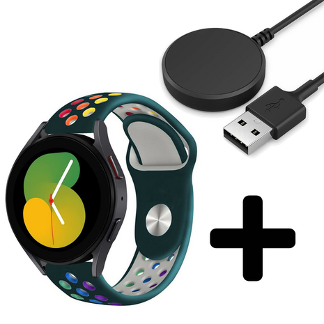 Strap-it Strap-it Bandje geschikt voor Samsung Galaxy Watch 5 (40mm / 44mm / Pro) bandje sport band (dennengroen/kleurrijk) - Incl. Oplader geschikt voor Samsung Galaxy Watch 5 40 mm / 44 mm / Pro (oplaadkabel)