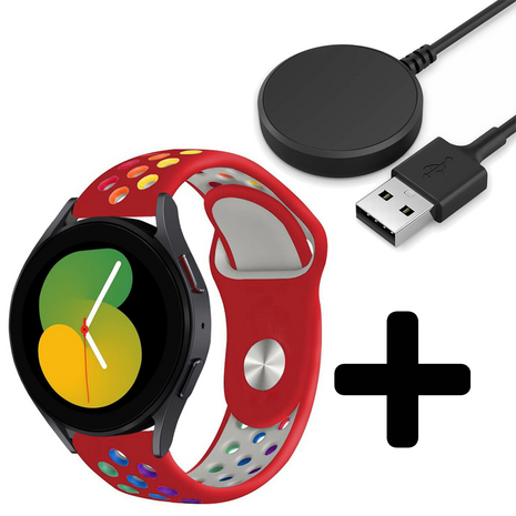 Strap-it Strap-it Bandje geschikt voor Samsung Galaxy Watch 5 (40mm / 44mm / Pro) bandje sport band (rood/kleurrijk) - Incl. Oplader geschikt voor Samsung Galaxy Watch 5 40 mm / 44 mm / Pro (oplaadkabel)