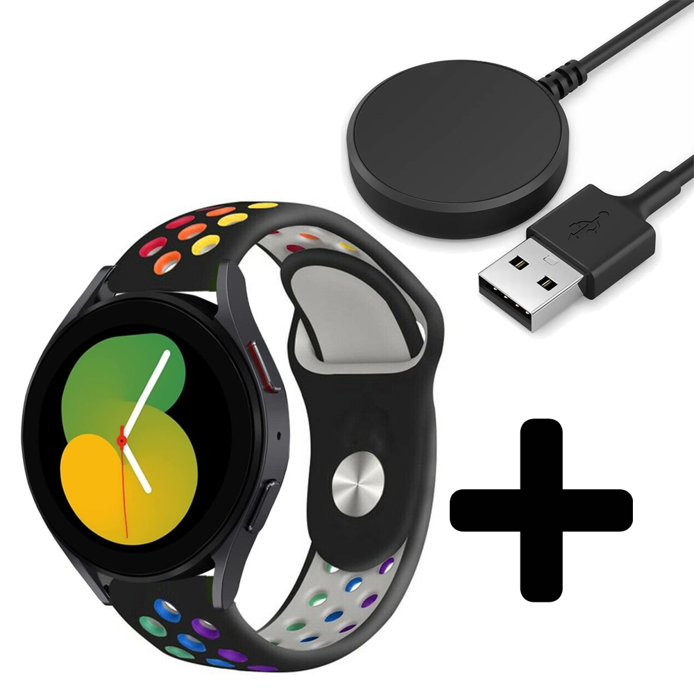 Strap-it Strap-it Bandje geschikt voor Samsung Galaxy Watch 5 (40mm / 44mm / Pro) bandje sport band (zwart/kleurrijk) - Incl. Oplader geschikt voor Samsung Galaxy Watch 5 40 mm / 44 mm / Pro (oplaadkabel) Strap-it Strap-it Bandje geschikt voor Samsung Galaxy Watch 5 (40mm / 44mm / Pro) bandje sport band (zwart/kleurrijk) - Incl. Oplader geschikt voor Samsung Galaxy Watch 5 40 mm / 44 mm / Pro (oplaadkabel)