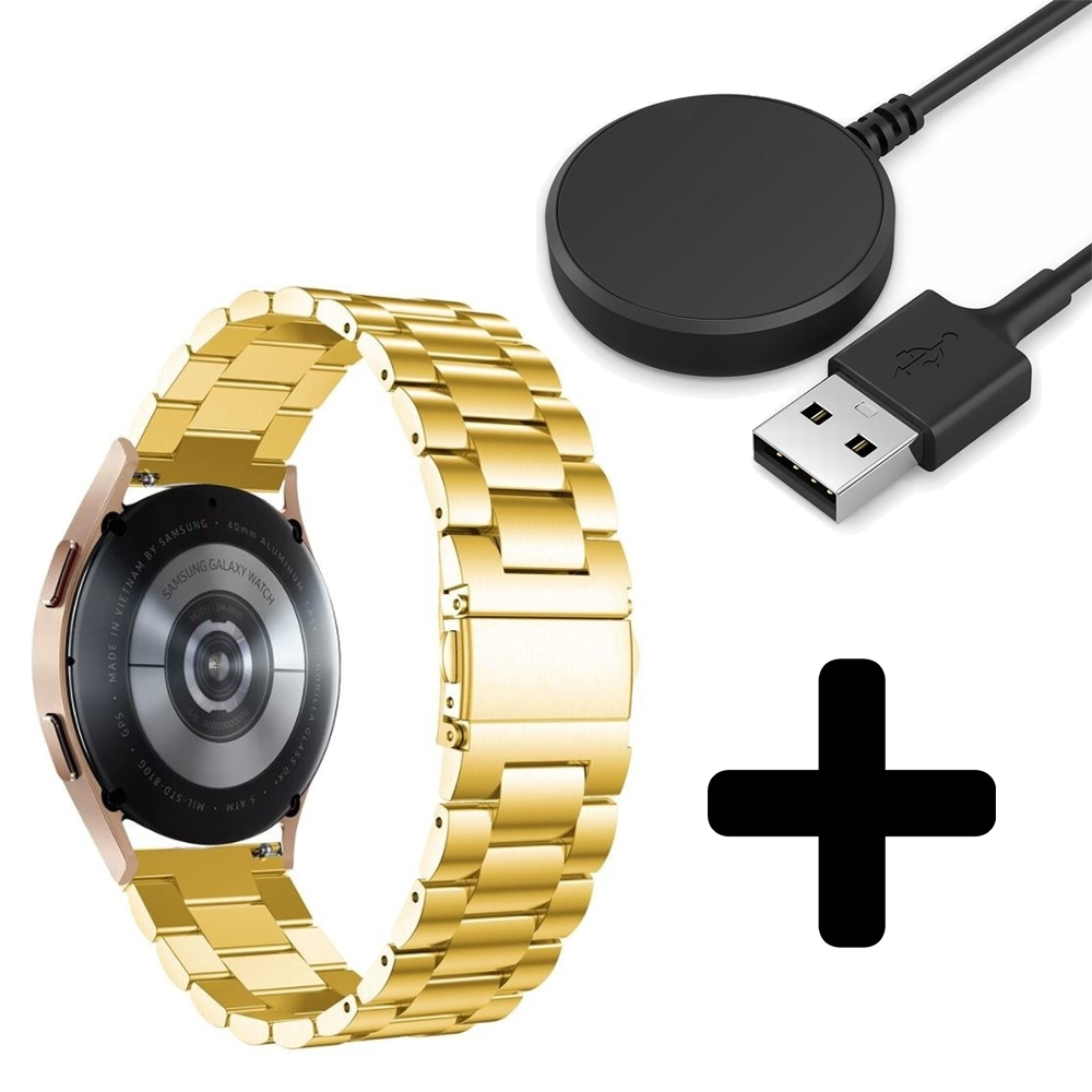 Strap-it Strap-it Bandje geschikt voor Samsung Galaxy Watch 5 (40mm / 44mm / Pro) bandje stalen band (goud)  - Incl. Oplader geschikt voor Samsung Galaxy Watch 5 40 mm / 44 mm / Pro (oplaadkabel)