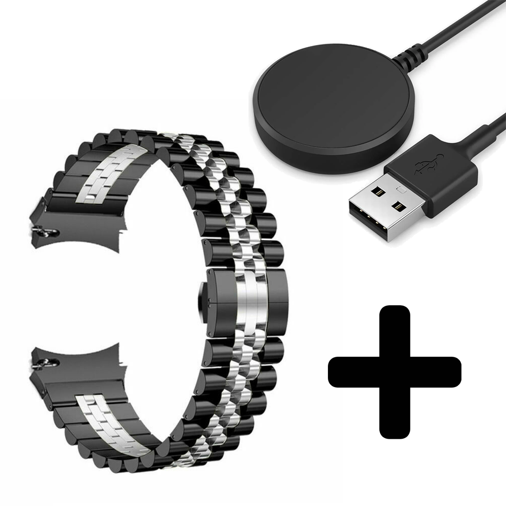 Strap-it Strap-it Bandje geschikt voor Samsung Galaxy Watch 5 (40mm / 44mm / Pro) bandje Jubilee stalen band (zwart/zilver) - Incl. Oplader geschikt voor Samsung Galaxy Watch 5 40 mm / 44 mm / Pro (oplaadkabel)