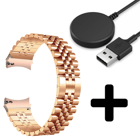 Strap-it Strap-it Bandje geschikt voor Samsung Galaxy Watch 5 (40mm / 44mm / Pro) bandje Jubilee stalen band (rosé goud) - Incl. Oplader geschikt voor Samsung Galaxy Watch 5 40 mm / 44 mm / Pro (oplaadkabel)