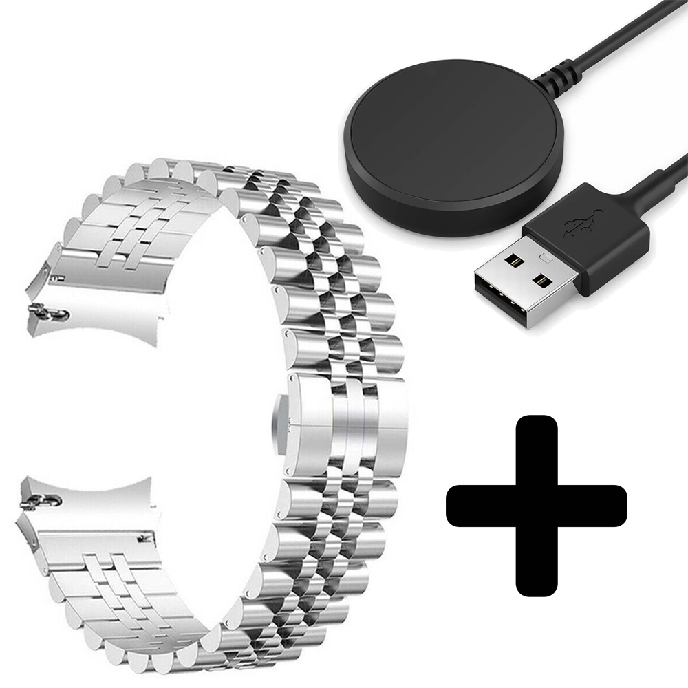 Strap-it Strap-it Bandje geschikt voor Samsung Galaxy Watch 5 (40mm / 44mm / Pro) bandje Jubilee stalen band (zilver) - Incl. Oplader geschikt voor Samsung Galaxy Watch 5 40 mm / 44 mm / Pro (oplaadkabel)
