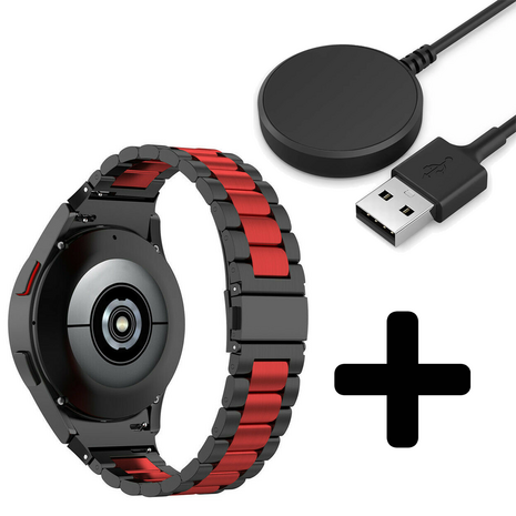 Strap-it Strap-it Bandje geschikt voor Samsung Galaxy Watch 5 (40mm / 44mm / Pro) bandje stalen schakel band (zwart/rood) - Incl. Oplader geschikt voor Samsung Galaxy Watch 5 40 mm / 44 mm / Pro (oplaadkabel)