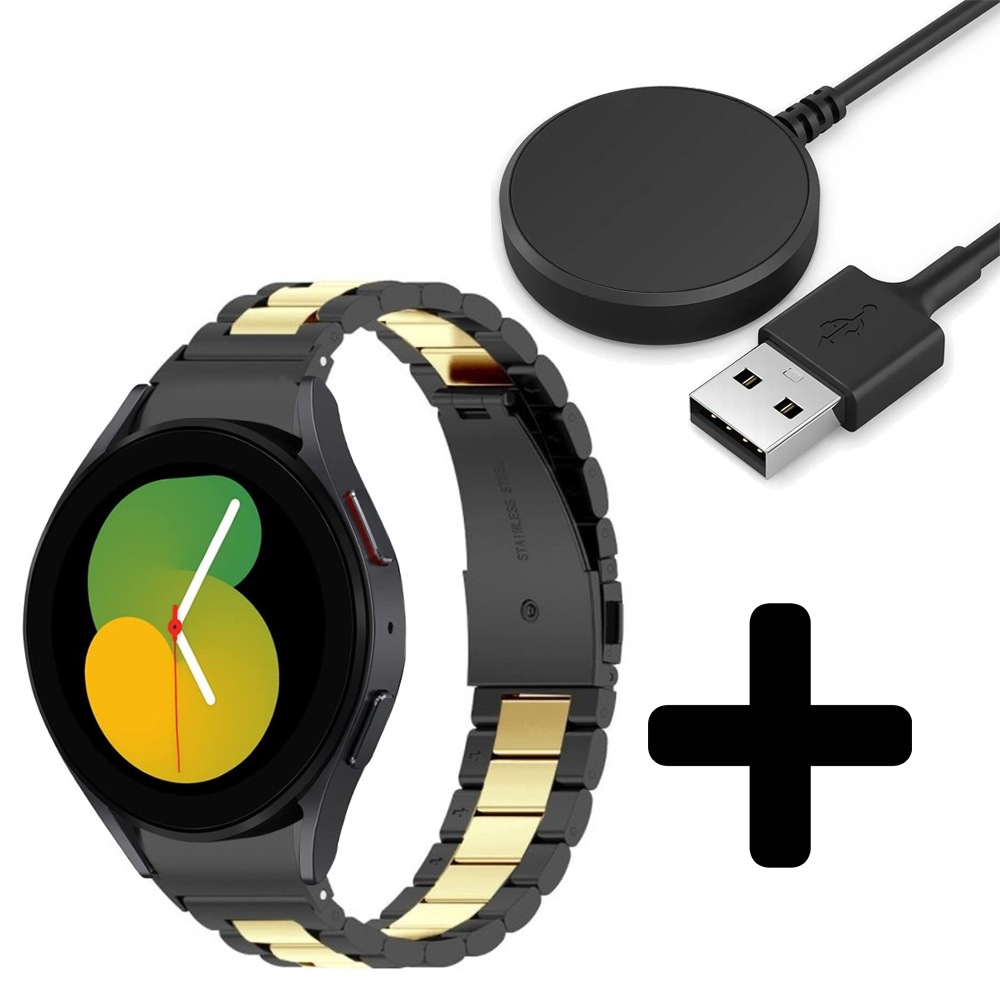 Strap-it Strap-it Bandje geschikt voor Samsung Galaxy Watch 5 (40mm / 44mm / Pro) bandje stalen schakel band (zwart/goud) - Incl. Oplader geschikt voor Samsung Galaxy Watch 5 40 mm / 44 mm / Pro (oplaadkabel)