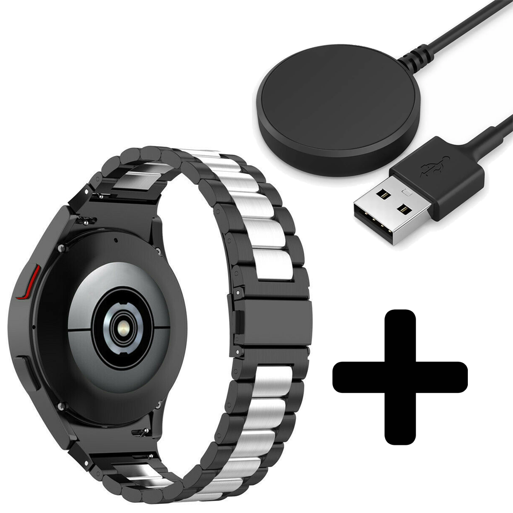 Strap-it Strap-it Bandje geschikt voor Samsung Galaxy Watch 5 (40mm / 44mm / Pro) bandje stalen schakel band (zwart/zilver) - Incl. Oplader geschikt voor Samsung Galaxy Watch 5 40 mm / 44 mm / Pro (oplaadkabel)