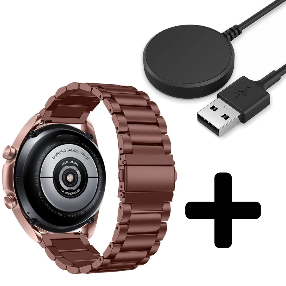 Strap-it Strap-it Bandje geschikt voor Samsung Galaxy Watch 5 (40mm / 44mm / Pro) bandje stalen band (brons-bruin) - Incl. Oplader geschikt voor Samsung Galaxy Watch 5 40 mm / 44 mm / Pro (oplaadkabel)