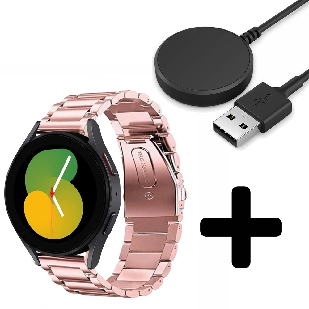 Strap-it Strap-it Bandje geschikt voor Samsung Galaxy Watch 5 (40mm / 44mm / Pro) bandje stalen band (roze) - Incl. Oplader geschikt voor Samsung Galaxy Watch 5 40 mm / 44 mm / Pro (oplaadkabel)