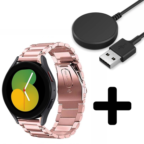 Strap-it Strap-it Bandje geschikt voor Samsung Galaxy Watch 5 (40mm / 44mm / Pro) bandje stalen band (roze) - Incl. Oplader geschikt voor Samsung Galaxy Watch 5 40 mm / 44 mm / Pro (oplaadkabel)