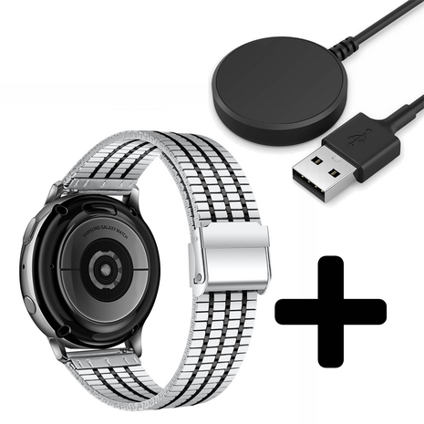 Strap-it Strap-it Bandje geschikt voor Samsung Galaxy Watch 5 (40mm / 44mm / Pro) bandje roestvrij stalen band (zilver/zwart) - Incl. Oplader geschikt voor Samsung Galaxy Watch 5 40 mm / 44 mm / Pro (oplaadkabel)