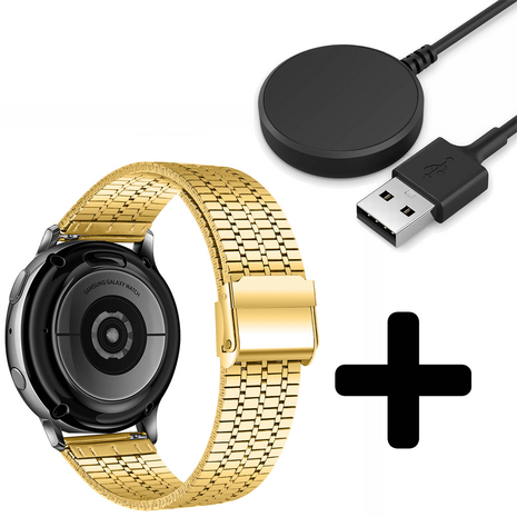 Strap-it Strap-it Bandje geschikt voor Samsung Galaxy Watch 5 (40mm / 44mm / Pro) bandje roestvrij stalen band (goud) - Incl. Oplader geschikt voor Samsung Galaxy Watch 5 40 mm / 44 mm / Pro (oplaadkabel)