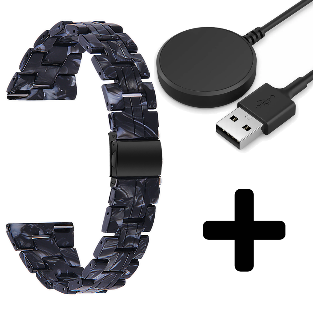 Strap-it Strap-it Bandje geschikt voor Samsung Galaxy Watch 5 (40mm / 44mm / Pro) bandje resin band (zwart/wit) - Incl. Oplader geschikt voor Samsung Galaxy Watch 5 40 mm / 44 mm / Pro (oplaadkabel)