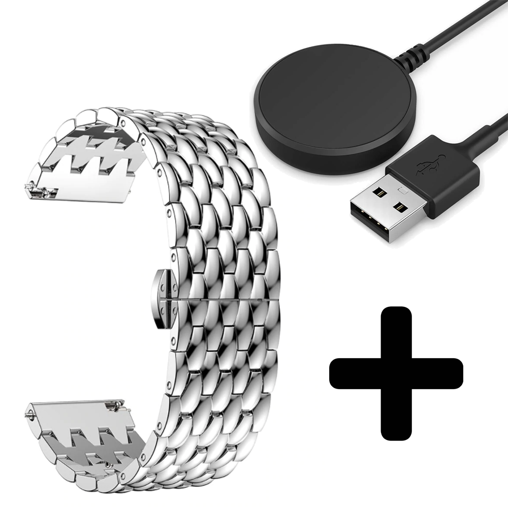 Strap-it Strap-it Bandje geschikt voor Samsung Galaxy Watch 5 (40mm / 44mm / Pro) bandje stalen draak bandje (zilver) - Incl. Oplader geschikt voor Samsung Galaxy Watch 5 40 mm / 44 mm / Pro (oplaadkabel)