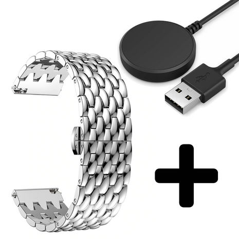 Strap-it Strap-it Bandje geschikt voor Samsung Galaxy Watch 5 (40mm / 44mm / Pro) bandje stalen draak bandje (zilver) - Incl. Oplader geschikt voor Samsung Galaxy Watch 5 40 mm / 44 mm / Pro (oplaadkabel)