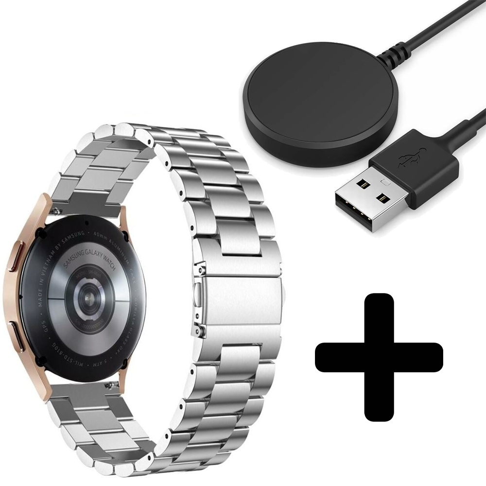 Strap-it Strap-it Bandje geschikt voor Samsung Galaxy Watch 5 (40mm / 44mm / Pro) bandje stalen band (zilver) - Incl. Oplader geschikt voor Samsung Galaxy Watch 5 40 mm / 44 mm / Pro (oplaadkabel)