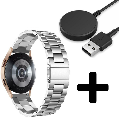 Strap-it Strap-it Bandje geschikt voor Samsung Galaxy Watch 5 (40mm / 44mm / Pro) bandje stalen band (zilver) - Incl. Oplader geschikt voor Samsung Galaxy Watch 5 40 mm / 44 mm / Pro (oplaadkabel)