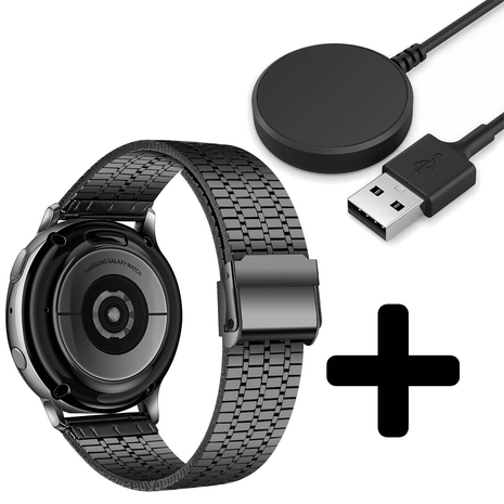 Strap-it Strap-it Bandje geschikt voor Samsung Galaxy Watch 5 (40mm / 44mm / Pro) bandje roestvrij stalen band (zwart) - Incl. Oplader geschikt voor Samsung Galaxy Watch 5 40 mm / 44 mm / Pro (oplaadkabel)