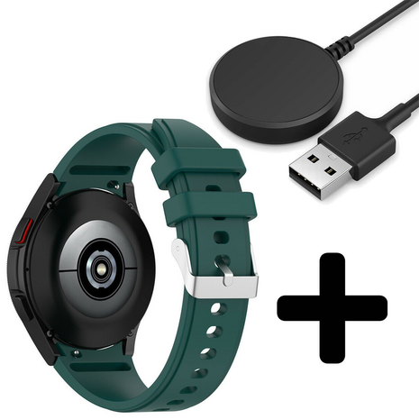 Strap-it Strap-it Bandje geschikt voor Samsung Galaxy Watch 5 (40mm / 44mm / Pro) bandje siliconen bandje (donkergroen) - Incl. Oplader geschikt voor Samsung Galaxy Watch 5 40 mm / 44 mm / Pro (oplaadkabel)