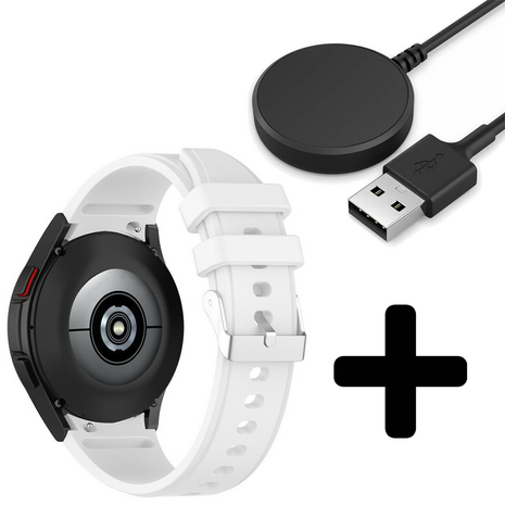 Strap-it Strap-it Bandje geschikt voor Samsung Galaxy Watch 5 (40mm / 44mm / Pro) bandje siliconen band (wit) - Incl. Oplader geschikt voor Samsung Galaxy Watch 5 40 mm / 44 mm / Pro (oplaadkabel)