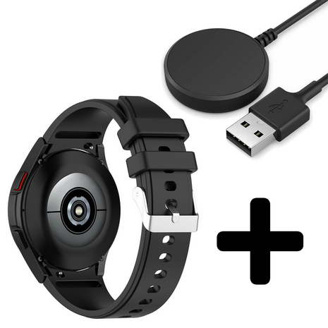 Strap-it Strap-it Bandje geschikt voor Samsung Galaxy Watch 5 (40mm / 44mm / Pro) bandje siliconen band (zwart) - Incl. Oplader geschikt voor Samsung Galaxy Watch 5 40 mm / 44 mm / Pro (oplaadkabel)